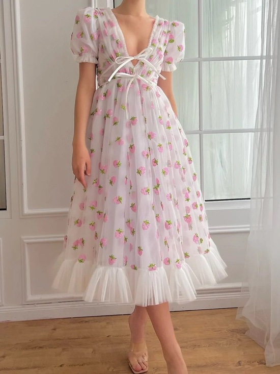 Lirika Matoshi Dresses & Skirts - Lirika Matoshi White Strawberry Midi Dress
